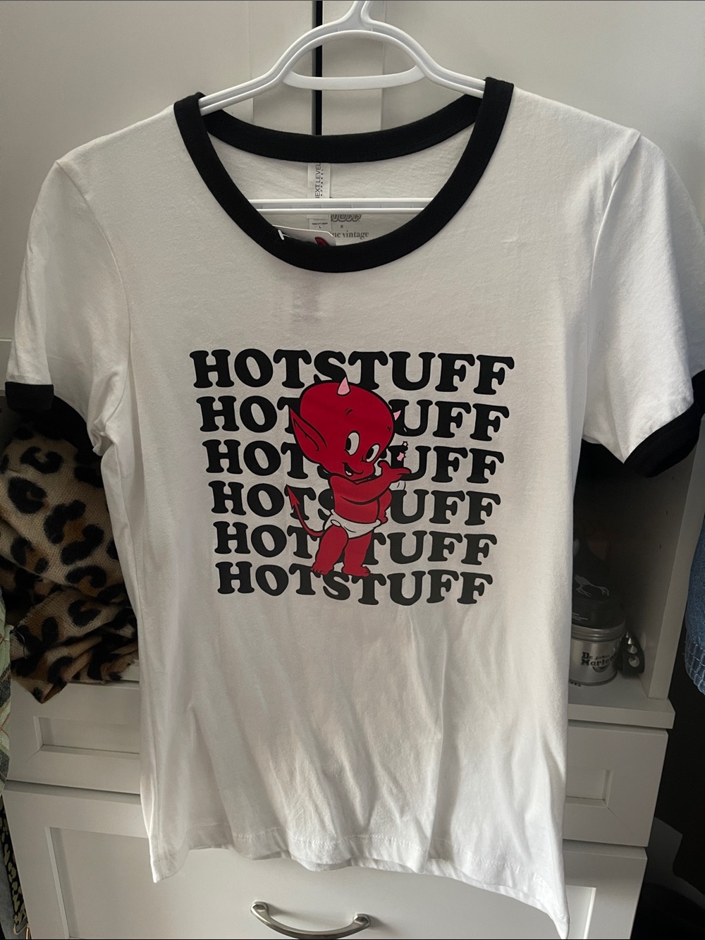 White & Black Ringer Tee with Red Devil Graphic - Hotstuff